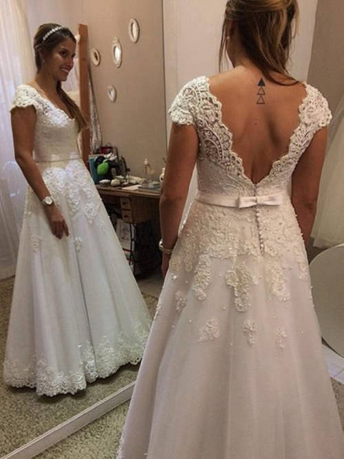 A-line V Neck Floor Length Lace Bridal Dress