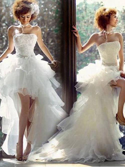 A-line Strapless High Low Organza Bridal Dress Ruffles