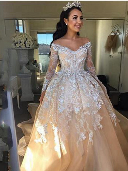 A-line Off Shoulder Brush Train Lace Sleeves Tulle Wedding Dress