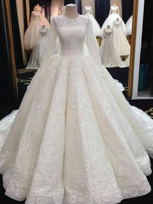 A-line Jewel Court Train Lace Sleeves Bridal Wear