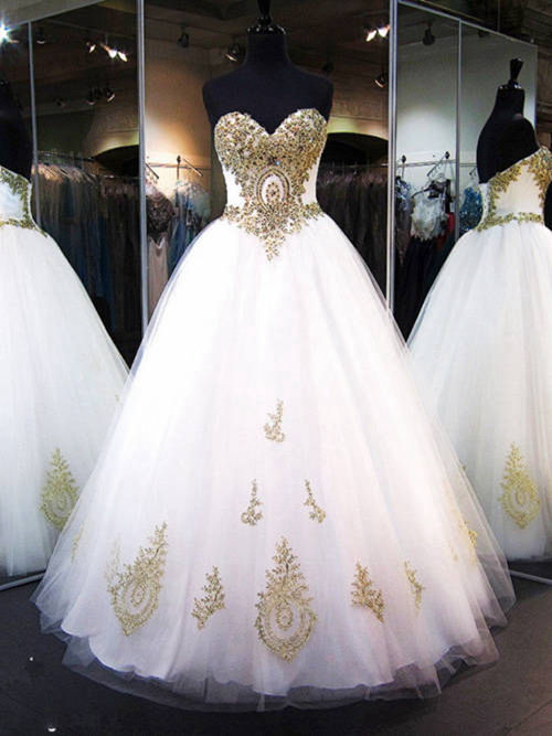 A-line Sweetheart Floor Length Tulle Wedding Dress Beads
