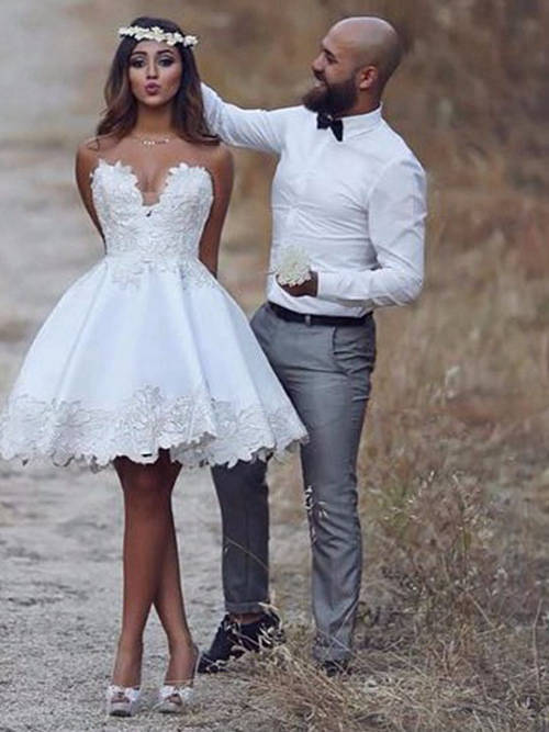 A-line Sweetheart Knee Length Satin Wedding Dress Applique
