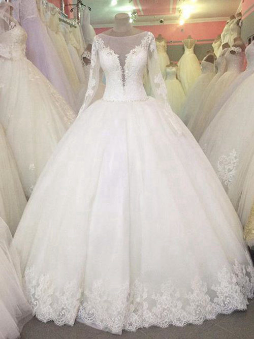Ball Gown Sheer Floor Length Lace Sleeves Bridal Dress