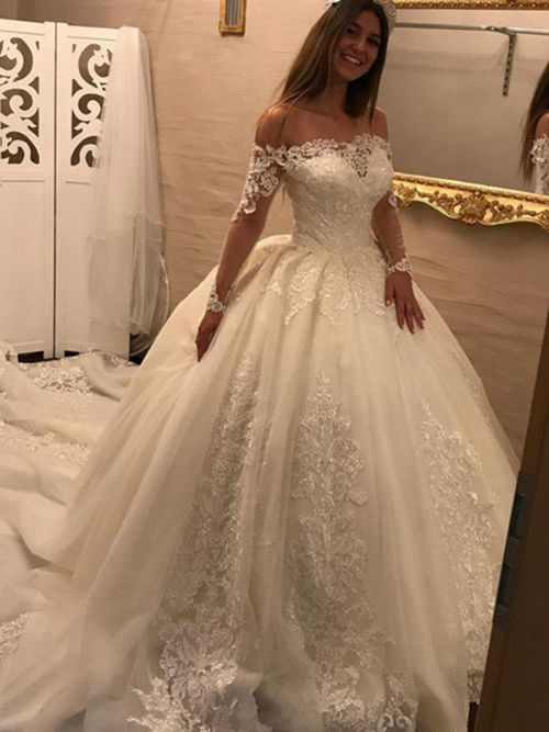 Ball Gown Off Shoulder Chapel Train Tulle Lace Wedding Dress