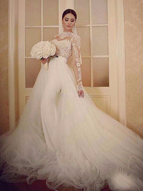 A-line High Neck Court Train Tulle Lace Sleeves Wedding Wear