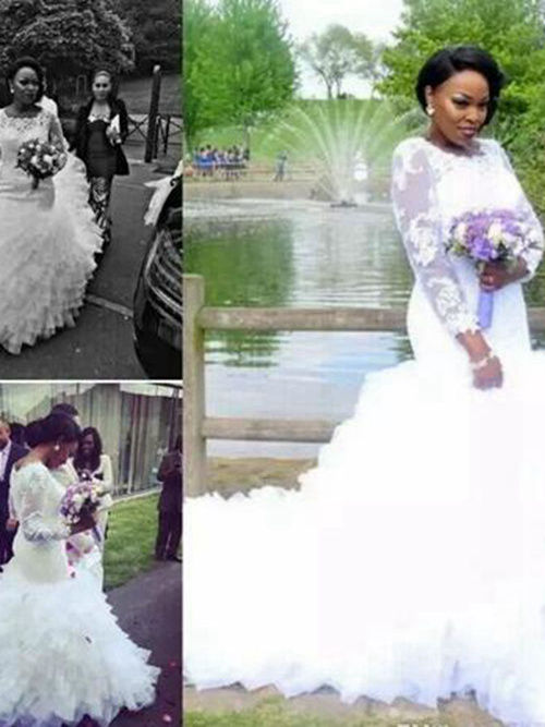Mermaid Square Sweep Train Lace Sleeves Organza Bridal Dress Ruf