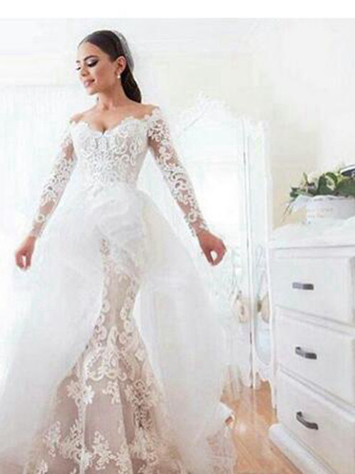 A-line Off Shoulder Brush Train Lace Sleeves Tulle Bridal Wear
