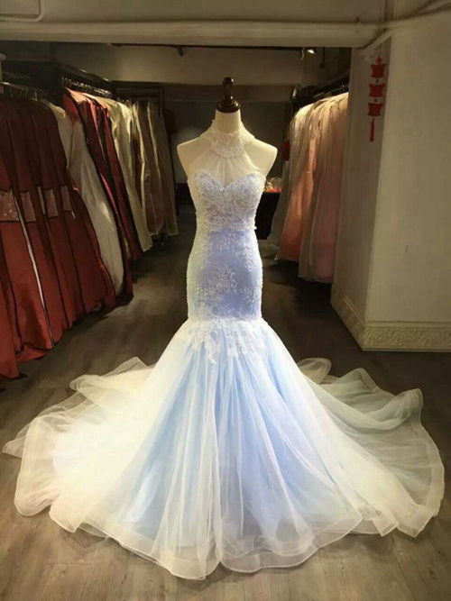 Mermaid High Neck Court Train Tulle Lace Wedding Gown