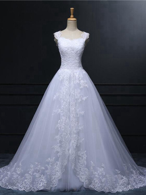 A-line Straps Brush Train Tulle Lace Bridal Gown