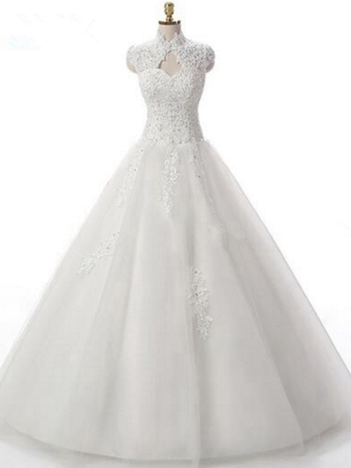 A-line High Neck Brush Train Tulle Lace Wedding Wear
