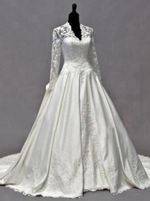 A-line V Neck Brush Train Lace Sleeves Satin Wedding Gown