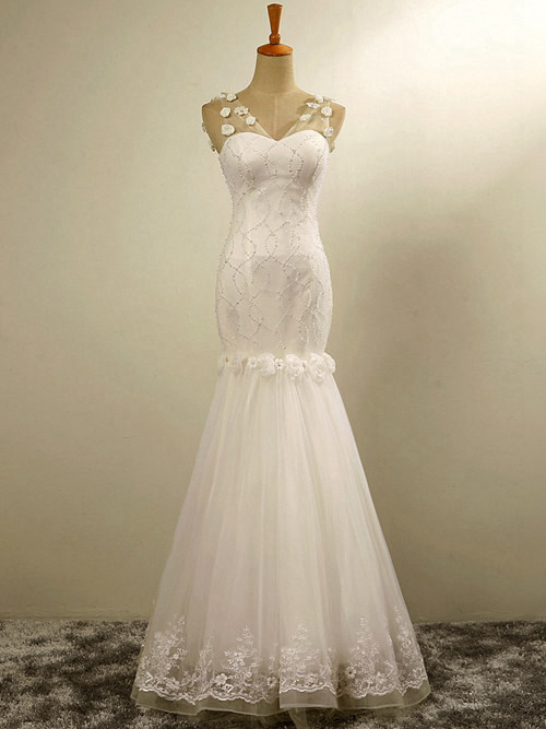 Mermaid V Neck Floor Length Tulle Lace Bridal Dress Applique