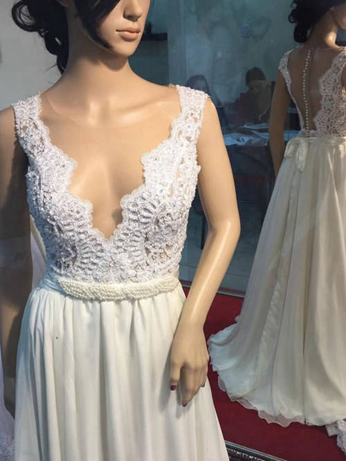 A-line V Neck Brush Train Lace Chiffon Wedding Dress