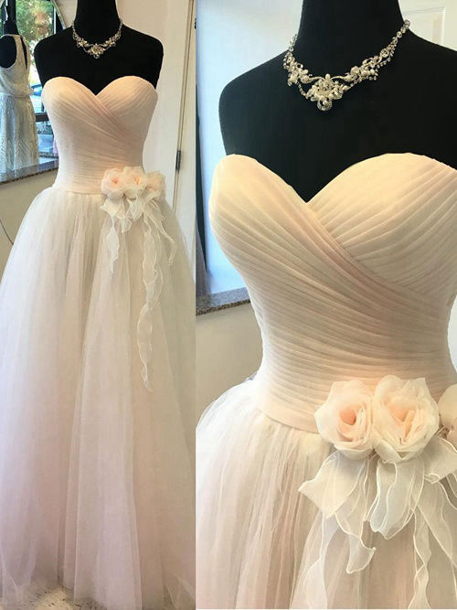 A-line Sweetheart Floor Length Tulle Bridal Dress Flowers