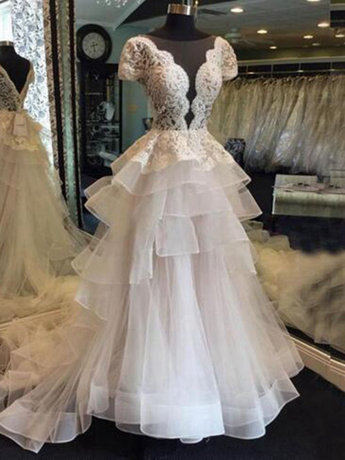 A-line Sheer Brush Train Lace Sleeves Tulle Bridal Gown