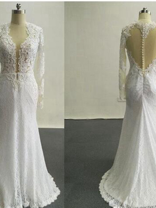 Mermaid V Neck Brush Train Lace Sleeves Bridal Gown