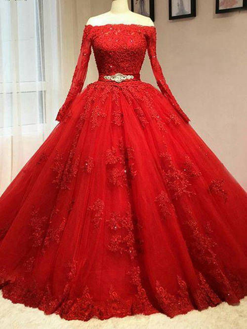 A-line Off Shoulder Sweep Train Lace Sleeves Red Wedding Wear