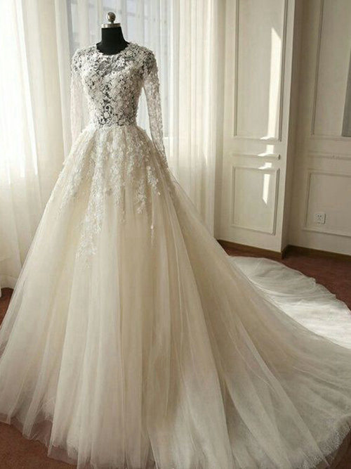 A-line Jewel Court Train Sleeves Tulle Bridal Dress Applique
