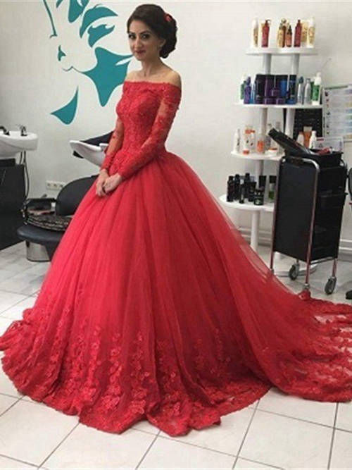 A-line Off Shoulder Sweep Train Lace Sleeves Red Bridal Dress