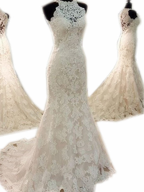 Mermaid Jewel Sweep Train Lace Wedding Dress