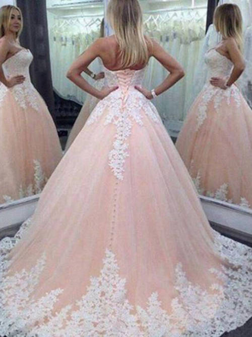 A-line Sweetheart Brush Train Tulle Pink Wedding Wear Applique