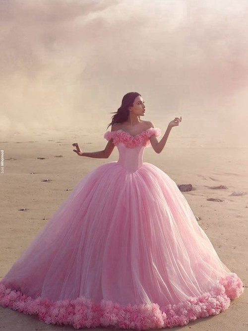 Ball Gown Off Shoulder Brush Train Tulle Pink Bridal Wear Ruffle