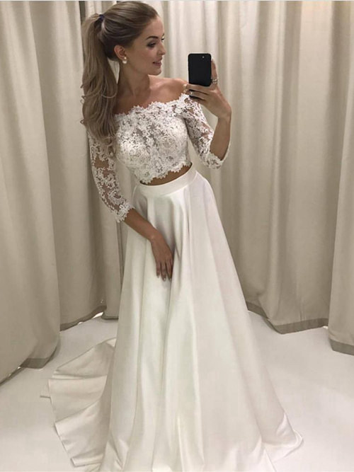 A-line Off Shoulder 2 Piece Satin Lace Sleeves Wedding Wear