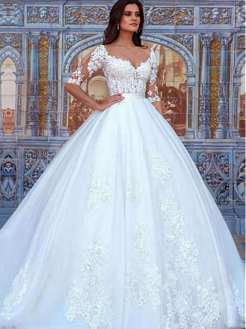 Ball Gown Sweetheart Court Train Tulle Lace Sleeves Wedding Wear
