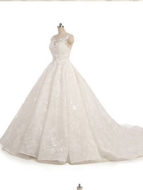 A-line Scoop Brush Train Lace Wedding Dress