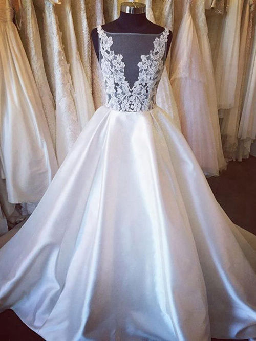 A-line Sheer Sweep Train Satin Wedding Gown Applique