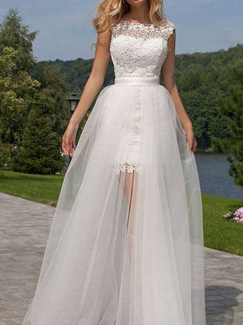 A-line Bateau Floor Length Tulle Lace Bridal Gown
