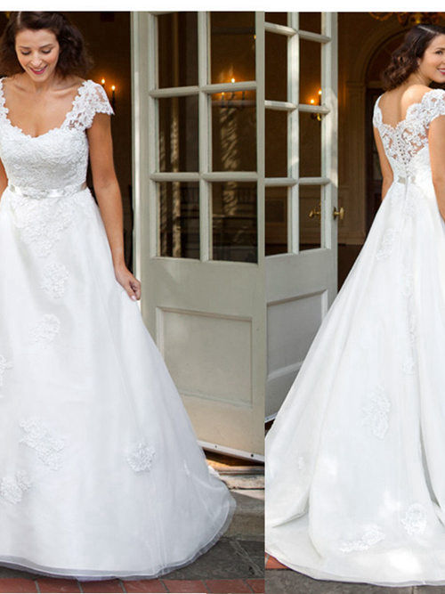 A-line Straps Sweep Train Lace Sleeves Organza Wedding Dress