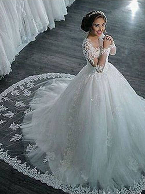 A-line Sweetheart Sweep Train Lace Sleeves Bridal Dress