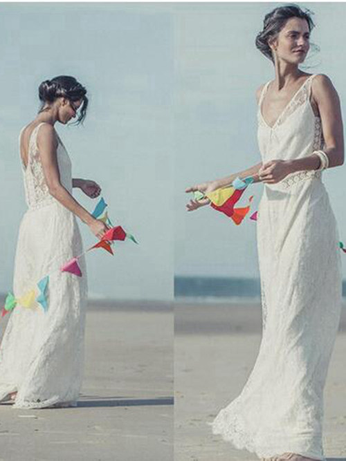Sheath V Neck Floor Length Lace Beach Bridal Dress