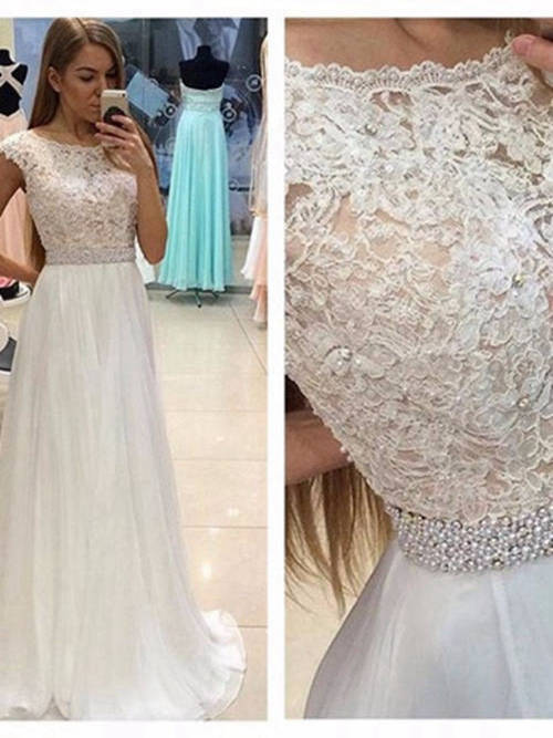 A-line Scoop Brush Train Chiffon Lace Wedding Dress Pearls