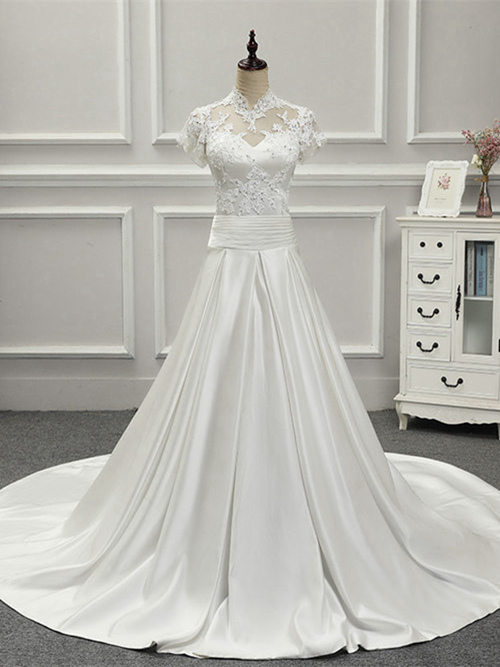 A-line High Neck Brush Train Satin Lace Sleeves Wedding Wear