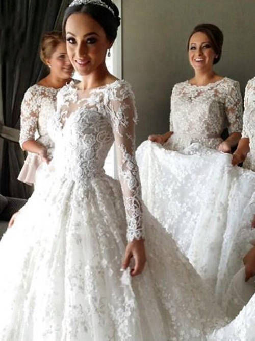 A-line Scoop Chapel Train Lace Sleeves Wedding Gown