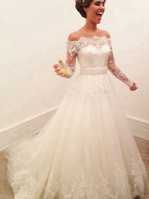 A-line Off Shoulder Sweep Train Tulle Lace Sleeves Bridal Gown