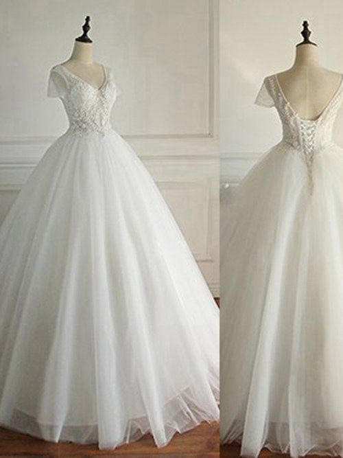 A-line V Neck Floor Length Tulle Wedding Wear Applique