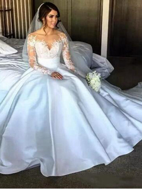 A-line Sweetheart Sweep Train Lace Sleeves Satin Wedding Dress