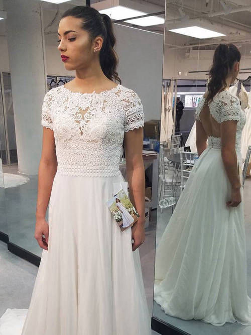 A-line Scoop Brush Train Lace Sleeves Chiffon Wedding Gown