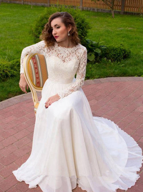 A-line Jewel Sweep Train Chiffon Lace Sleeves Bridal Gown