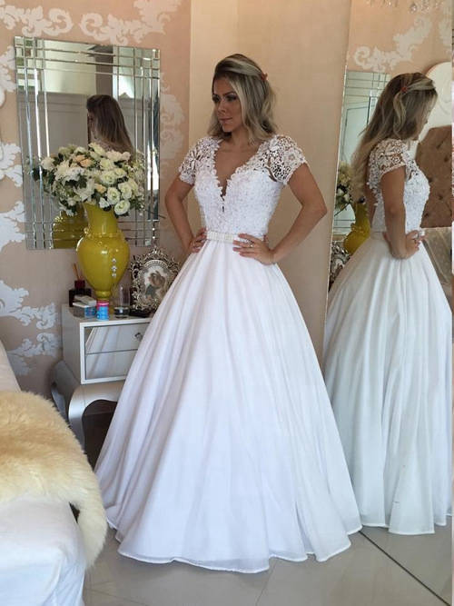 A-line V Neck Floor Length Chiffon Lace Sleeves Wedding Wear