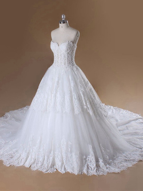 A-line Sweetheart Court Train Lace Wedding Gown