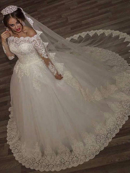A-line Off Shoulder Brush Train Lace Sleeves Tulle Wedding Wear