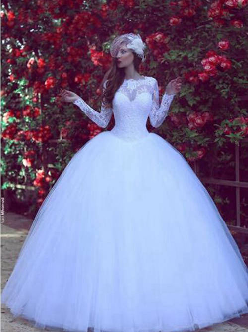 Ball Gown Floor Length Tulle Lace Sleeves Bridal Wear