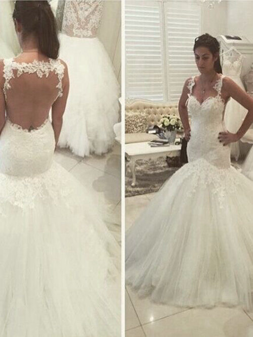 Mermaid Straps Sweep Train Lace Tulle Bridal Wear