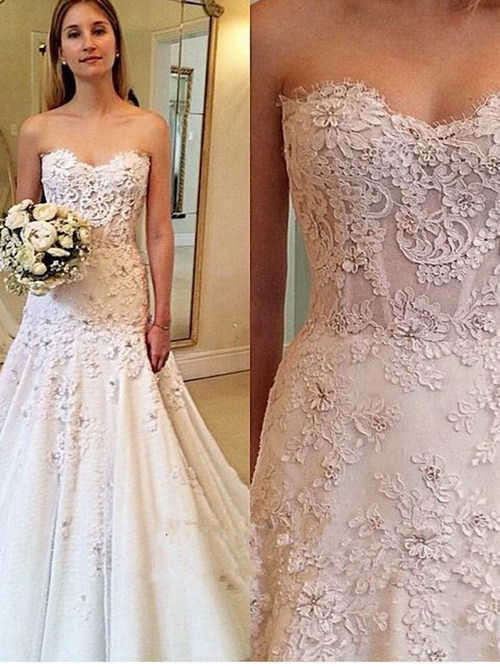 A-line Sweetheart Brush Train Lace Wedding Gown