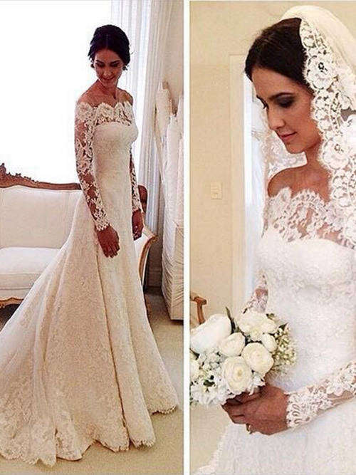 A-line Off Shoulder Brush Train Lace Sleeves Wedding Gown