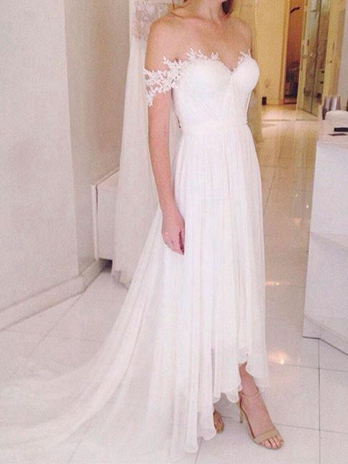A-line Off Shoulder High Low Chiffon Bridal Gown